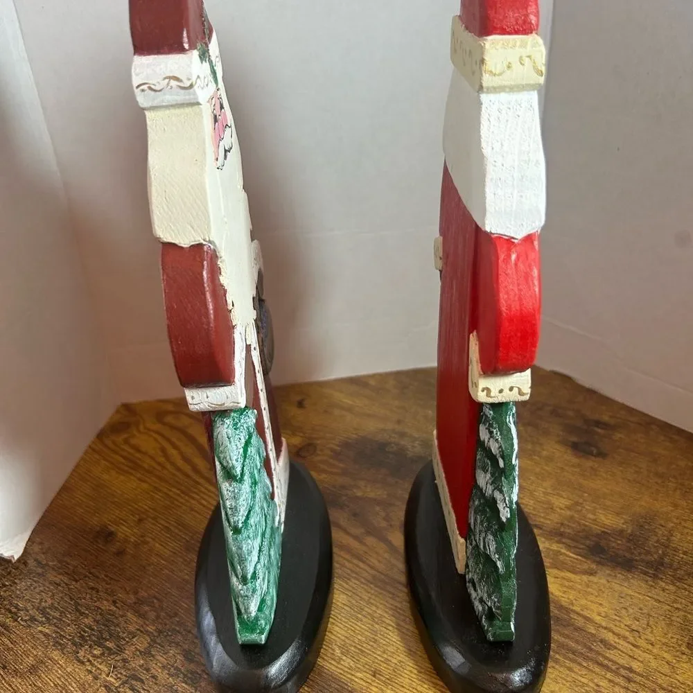 Vtg Handpainted Wooden Santas w Xmas Trees 10.25in Tall 5.5in Base Holiday Decor